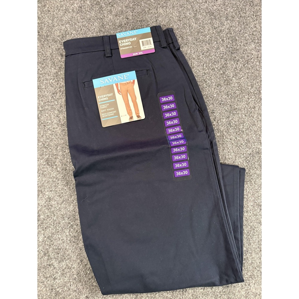 Savane Everyday Chino Pants Mens 36x30 Navy Straight Fit Stretch Comfort Casual